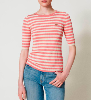 Pink, beige striped jumper with short sleeves