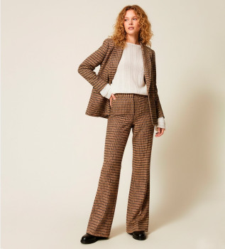 Pantalon en laine mlange  carreaux marron