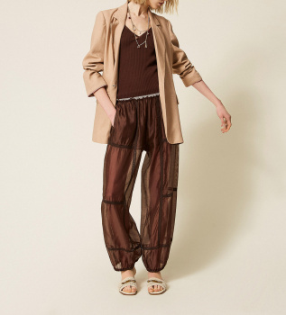 Brown lace chiffon jogger trousers