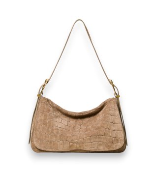 Liliane taske i ruskind med krokodilleprint i beige
