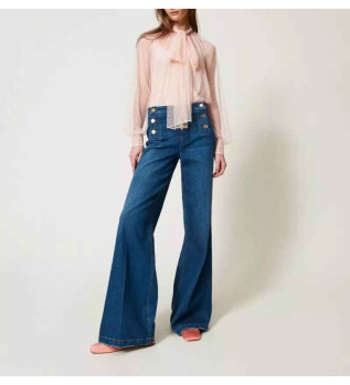 Jean �vas� avec boutons d�coratifs bleu