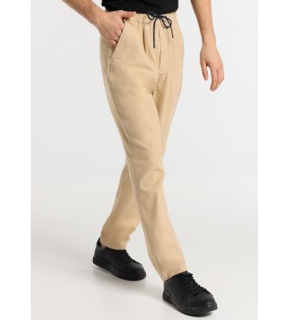 Chino Slim Pants - Medium Waistband with elastic waistband in brown linen