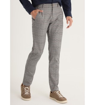 Slim Fit Chino Trousers - Medium Waisted Checked Grey Print