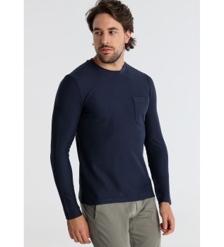 T-shirt  manches longues avec poche sur la poitrine en tissu jacquard marine