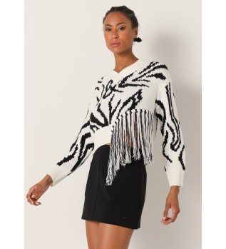 Schwarzer, weier Fransenpulli mit Boxkragen, schwarz