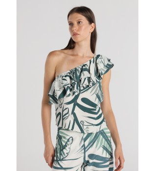Asymmetrische off-the-shoulder top met groene tropische print