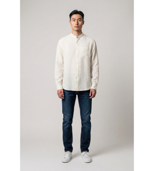 Chemise � bandes en lin blanc