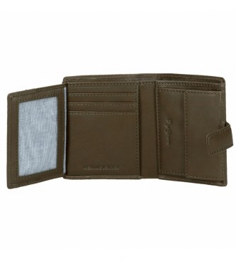 Pepe Jeans Lederen portemonnee Badge Khaki met kliksluiting -8.5x10.5x1cm