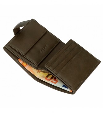 Pepe Jeans Usnjena denarnica Badge Khaki z zapiranjem na klik - 8,5x10,5x1cm