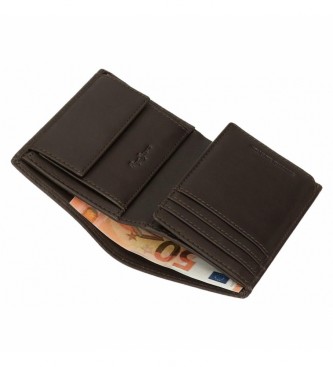 Pepe Jeans Efektowny pionowy skórzany portfel z portmonetką Brązowy