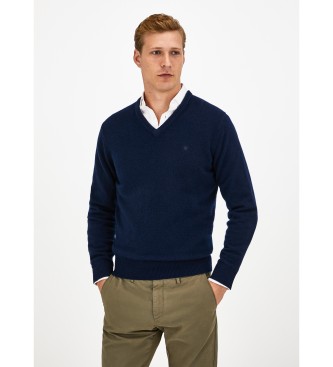 Hackett London Granatowy sweter z wełny jagnięcej z dekoltem w szpic