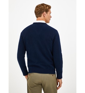 Hackett London Granatowy sweter z wełny jagnięcej z dekoltem w szpic