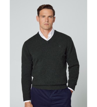 Hackett London Pullover i lammeuld med V-hals, mrkegrn