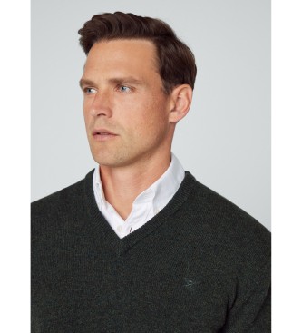 Hackett London Pullover i lammeuld med V-hals, mrkegrn