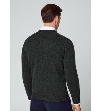 Hackett London Pullover i lammeuld med V-hals, mrkegrn