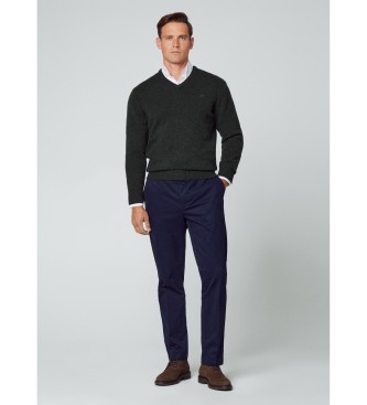 Hackett London Pullover i lammeuld med V-hals, mrkegrn