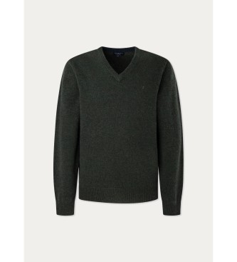 Hackett London Pullover i lammeuld med V-hals, mrkegrn