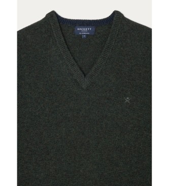 Hackett London Pullover i lammeuld med V-hals, mrkegrn