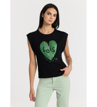 Lois Jeans T-shirt nera girocollo a maniche lunghe con stampa di foglie di macadamia e perline