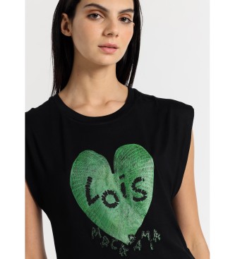 Lois Jeans T-shirt nera girocollo a maniche lunghe con stampa di foglie di macadamia e perline