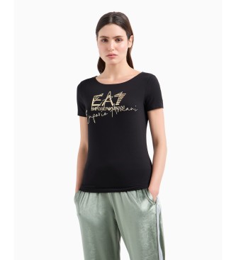 EA7 Logo Series T-Shirt mit Rundhalsausschnitt aus schwarzer Stretch-Baumwolle