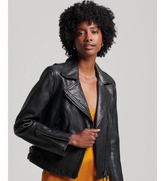 Superdry Klassische Biker-Lederjacke Schwarz