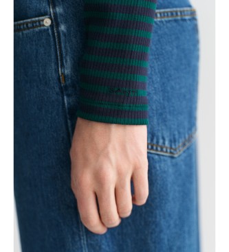 Gant Ribbed Striped T-Shirt with Swan Neck and Long Green Sleeves