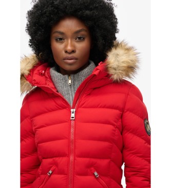 Superdry Mid-length coat with hood and synthetic fur trim Fuji red