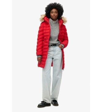 Superdry Mid-length coat with hood and synthetic fur trim Fuji red