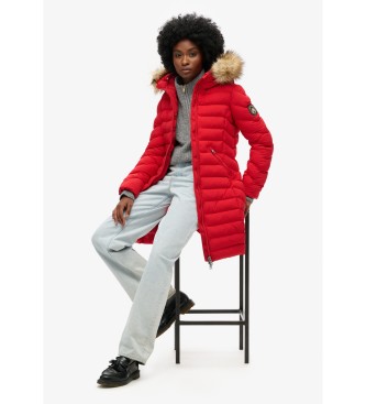 Superdry Mid-length coat with hood and synthetic fur trim Fuji red