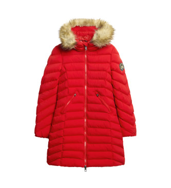 Superdry Mid-length coat with hood and synthetic fur trim Fuji red