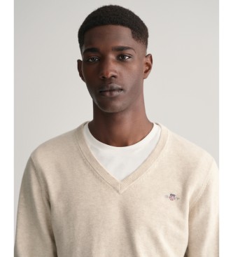 Gant Pull en coton classique beige  col en V