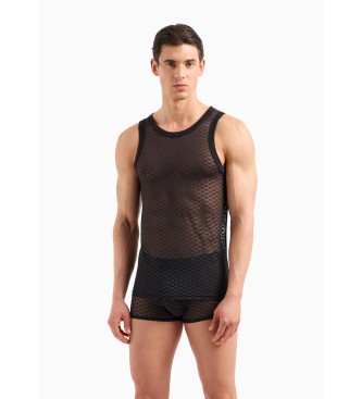 Emporio Armani Mesh tank top with integral eagle logo in black jacquard fabric