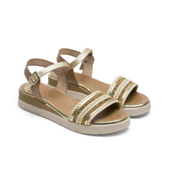 Porronet Clara kilformade sandaler i lder, taupe, guld