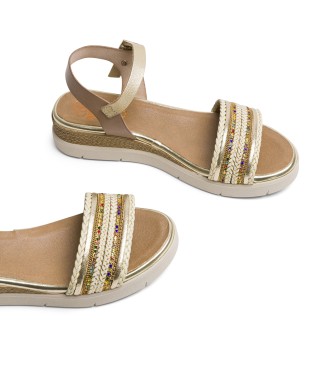 Porronet Clara kilformade sandaler i lder, taupe, guld