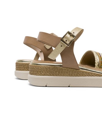 Porronet Clara kilformade sandaler i lder, taupe, guld