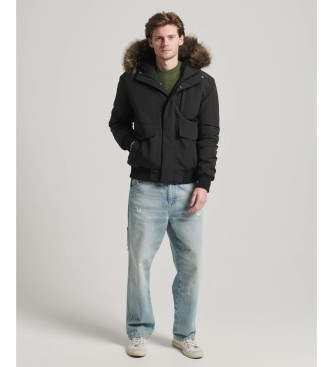 Superdry Everest black quilted hooded bomber jacket with hood