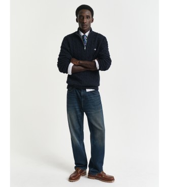 Gant Maglione blu navy in maglia a trecce con mezza zip