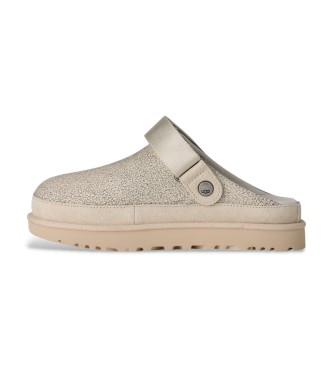 UGG Socas Goldenstar Crackle Clog em pele branca craquelada