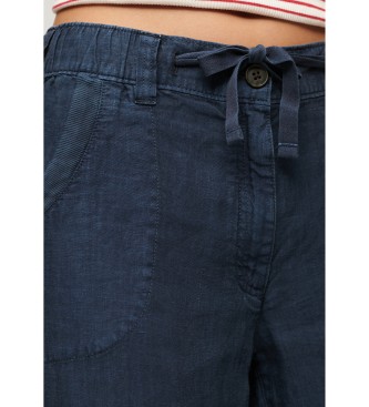 Superdry Pantalon en lin taille basse bleu marine