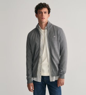 Gant Bawe?niany kardigan casual na zamek b?yskawiczny szary