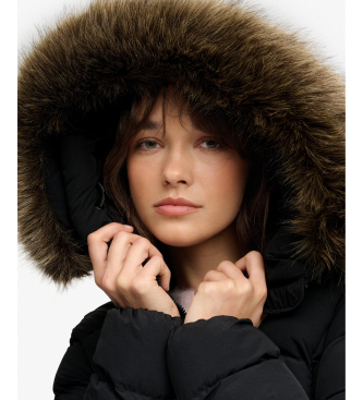 Superdry Casaco com capuz Hooded Faux Fur Fuji Longline preto