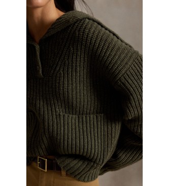 Polo Ralph Lauren Pull en laine et coton avec patte de boutonnage vert olive