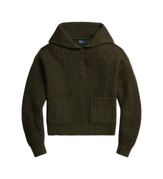 Polo Ralph Lauren Pull en laine et coton avec patte de boutonnage vert olive