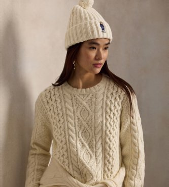 Polo Ralph Lauren Cream White Ribbed Beanie with Polo Bear and Pom-Pom