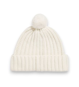 Polo Ralph Lauren Cream White Ribbed Beanie with Polo Bear and Pom-Pom