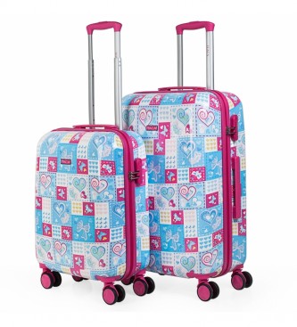 ITACA Zestaw walizek dziecięcych Niebieski nadruk, fuksja -55X40X20 / 65X44X25 cm