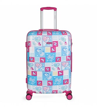 ITACA Set di valigie per bambini per ragazza Blu, stampa fucsia -55x40x20 / 65x44x25 cm-