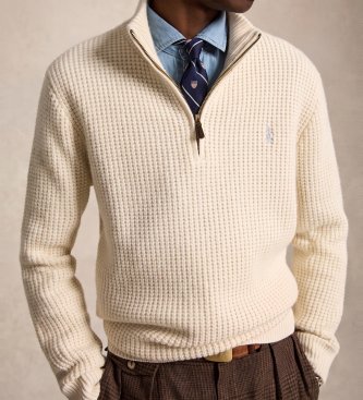 Polo Ralph Lauren Jersey de lana y algodón en punto waffle blanco crema