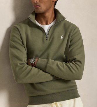 Polo Ralph Lauren Doppelstrickpullover mit kurzem Reißverschluss in Grün